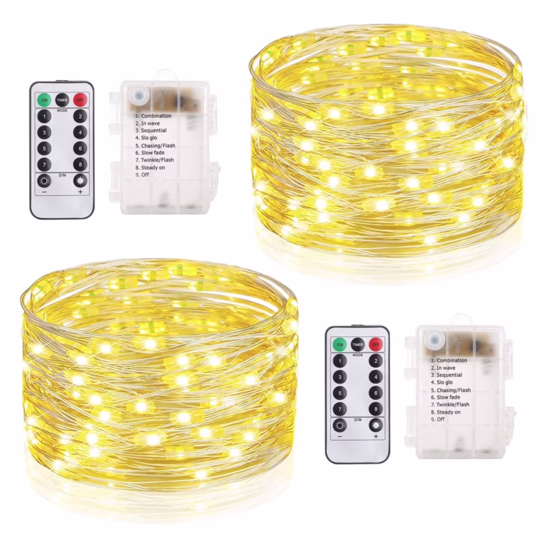 Rirool 2-Pack 33ft Warm White LED Fairy Lights - Battery Operated Waterproof String Lights with Remote, 8 Modes - for Garden, Wedding, Bedroom, Party Decor