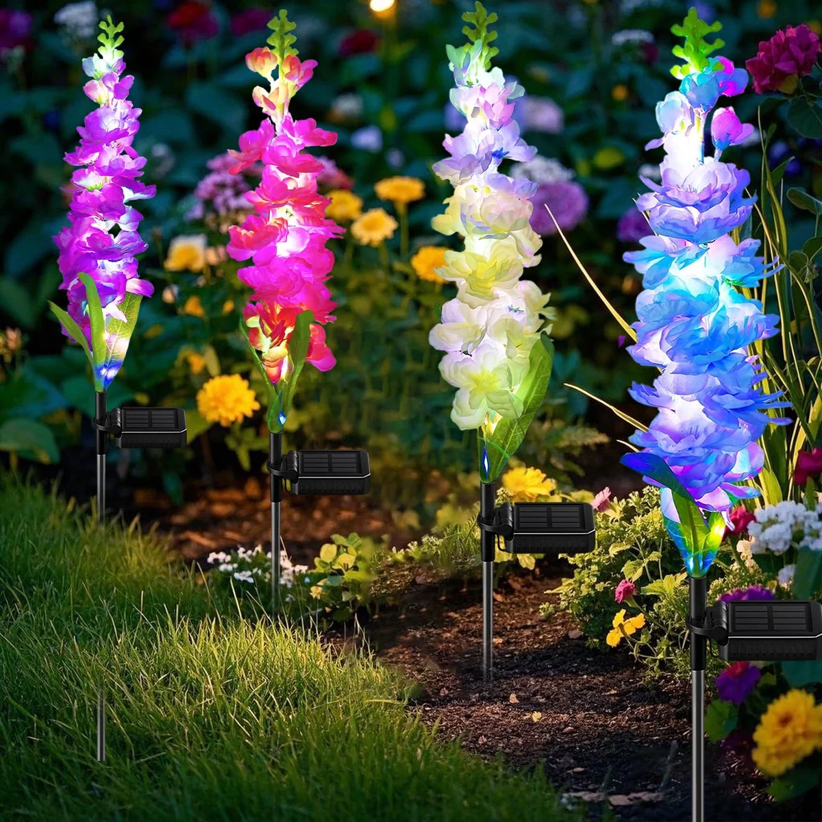 Rirool Solar Lights Outdoor, 4 Pack Delphinium Solar Garden Lights with 36 LEDs, Waterproof Solar Flowers for Yard, Patio, Lawn Décor