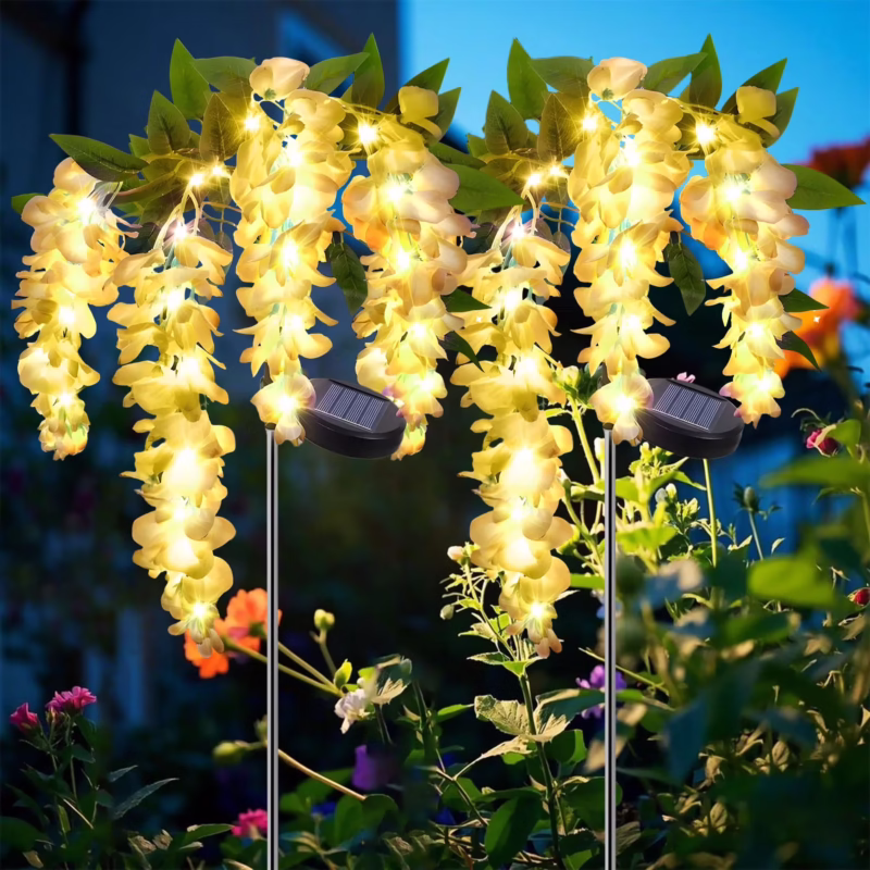 Rirool 2 Pack Solar Wisteria Flower Lights, Waterproof Outdoor LED Lights for Garden, Patio, Yard, Pathway Decor, Warm White, Easy Install, Yellow