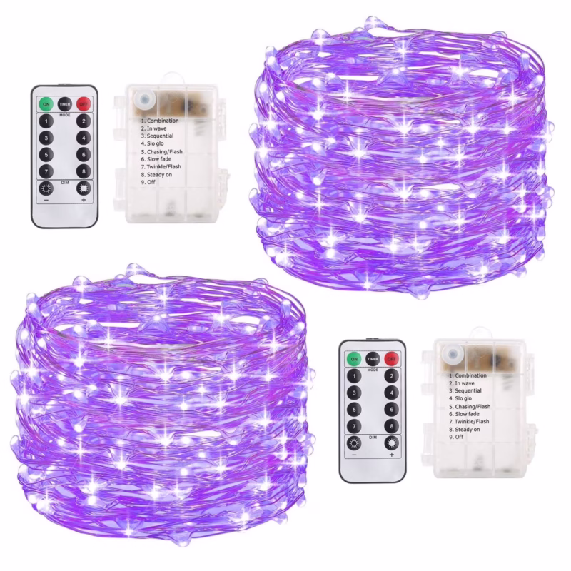 Rirool 2-Pack 33ft Purple LED Fairy Lights - Battery Operated Waterproof String Lights with Remote, 8 Modes - for Garden, Wedding, Bedroom, Party Decor