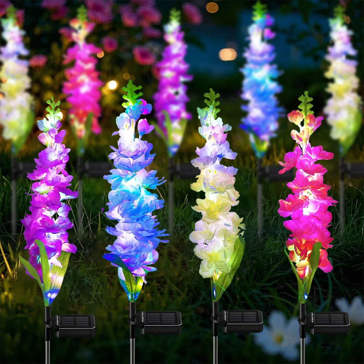 Rirool Solar Lights Outdoor, 4 Pack Delphinium Solar Garden Lights with 36 LEDs, Waterproof Solar Flowers for Yard, Patio, Lawn Décor - Image 2