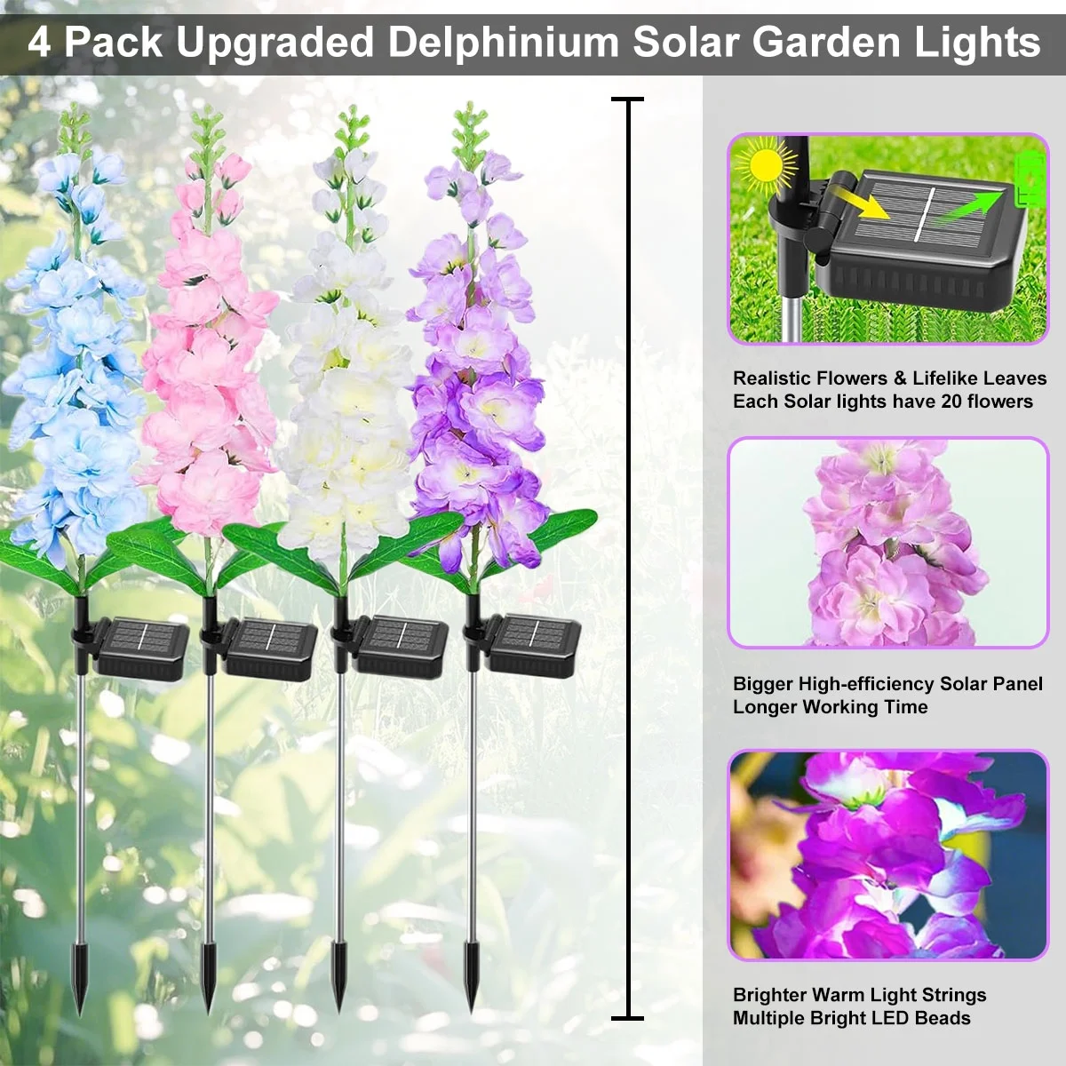 Rirool Solar Lights Outdoor, 4 Pack Delphinium Solar Garden Lights with 36 LEDs, Waterproof Solar Flowers for Yard, Patio, Lawn Décor - Image 4