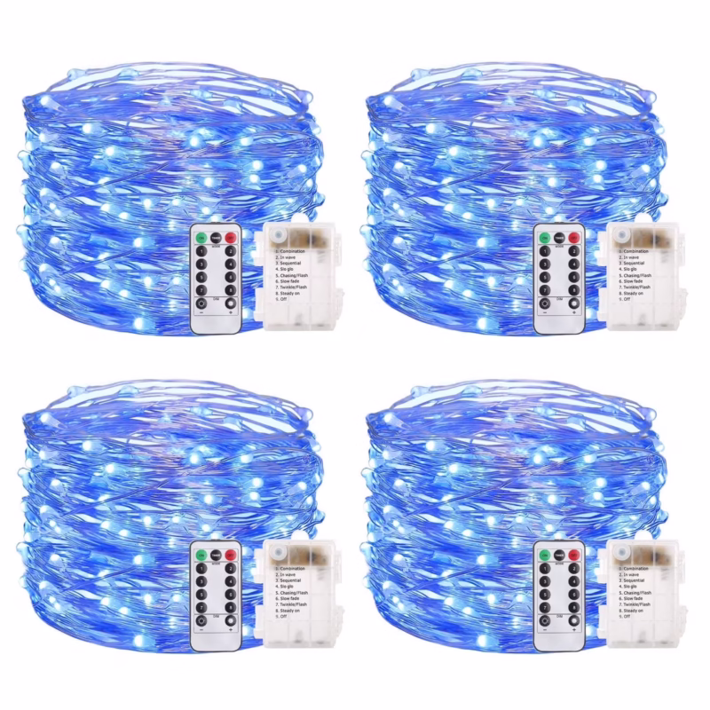 Rirool 4-Pack 33ft Blue LED Fairy Lights - Battery Operated Waterproof String Lights with Remote, 8 Modes - for Garden, Wedding, Bedroom, Party Decor