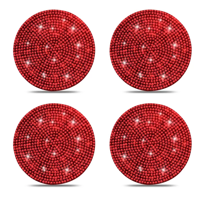 4 Pack Bling Car Insert Coasters, Universal Anti Slip Silicone Car Cup Holder Coaster Crystal Rhinestone Auto Automotive Interior Accessories, Red