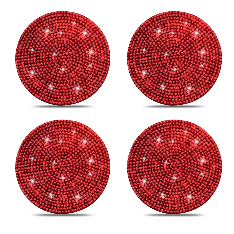4 Pack Bling Car Insert Coasters, Universal Anti Slip Silicone Car Cup Holder Coaster Crystal Rhinestone Auto Automotive Interior Accessories, Red