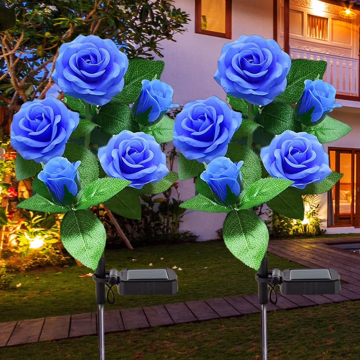 Solar Lights Outdoor Rose Flower, 2 Pack Solar Powered Garden Decorations with 10 Bigger Rose Flower, WaterproofLights for Garden Patio Yard Pathway Decoration (Blue Rose)