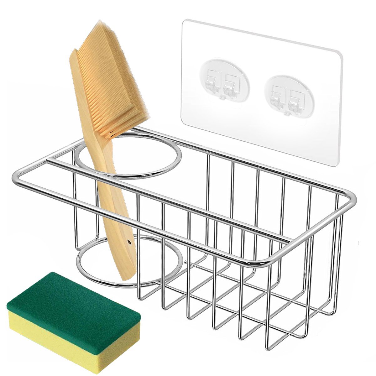 TiokMc Stainless Steel Sink Caddy Organizer, Rustproof & Durable Adhesive Sink Caddy, Silver