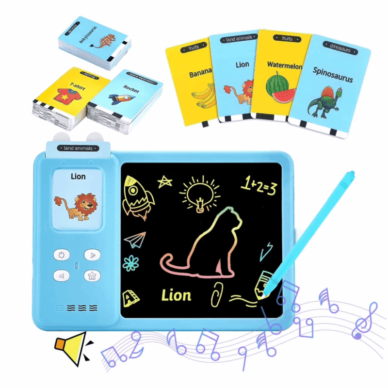 Rirool 4-in-1 Talking Flash Cards & LCD Writing Tablet for Kids 3-6, Educational Drawing Pad with 224 Words, Toddler Learning Toy, Blue