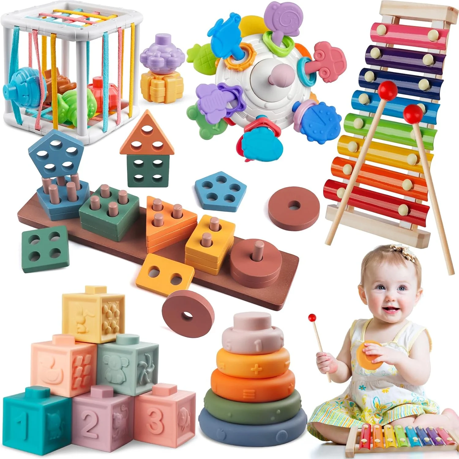 6 in 1 Montessori Baby Toys for 1 + Year Old, Infant Sensory Teething Toys