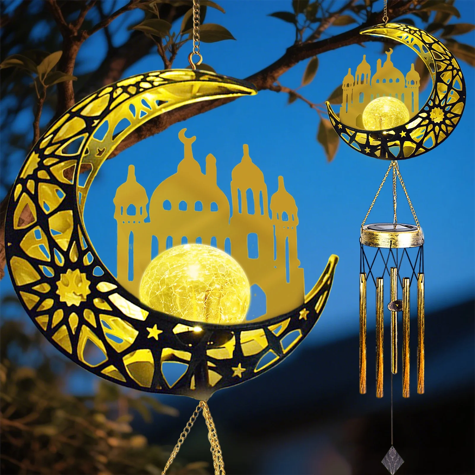 Rirool Solar Wind Chime with LED Lights - Castle Crackle Glass Outdoor Decor, Memorial Gift for Women, Garden Chimes for Patio, Mother’s Day, Birthday (Bronze)