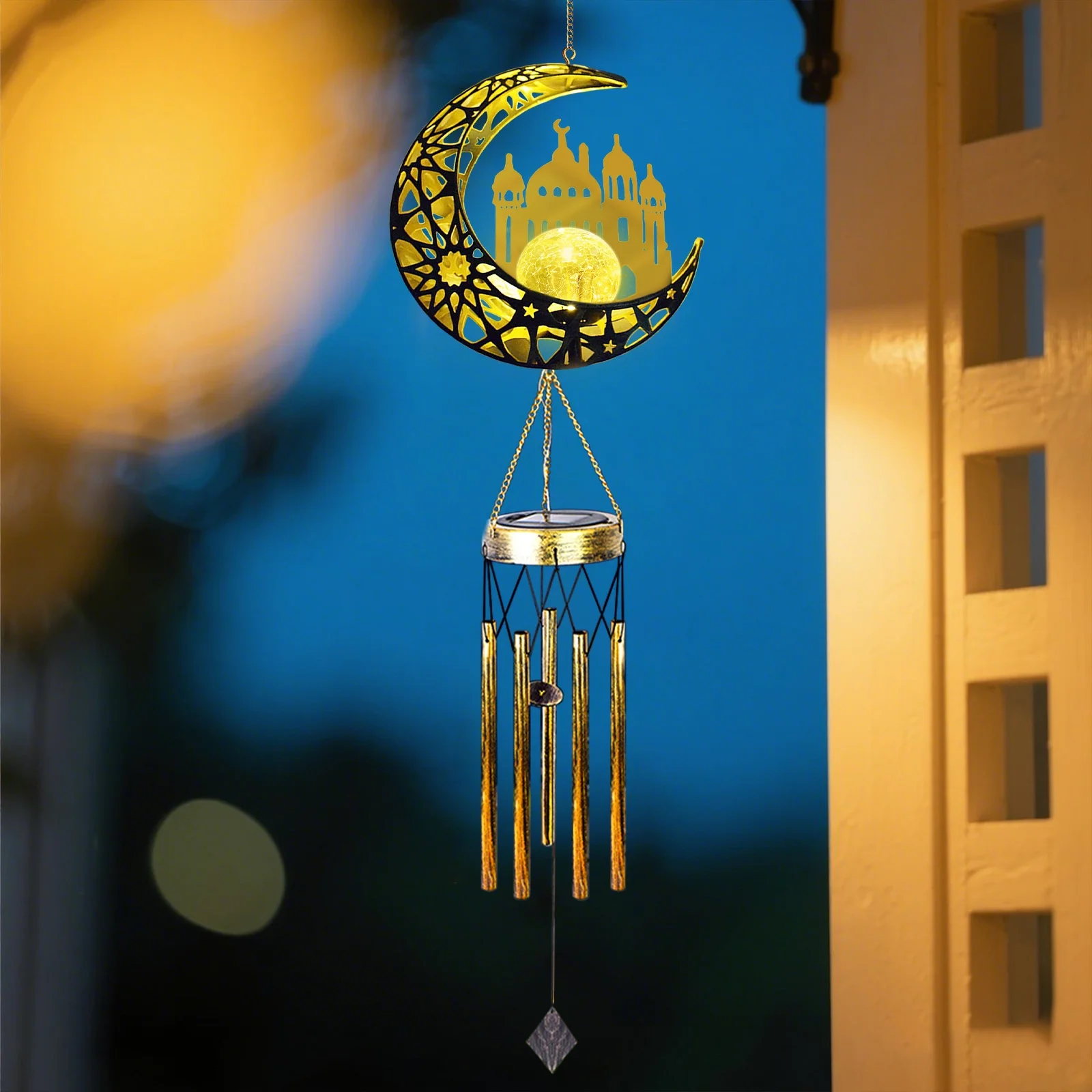 Rirool Solar Wind Chime with LED Lights - Castle Crackle Glass Outdoor Decor, Memorial Gift for Women, Garden Chimes for Patio, Mother’s Day, Birthday (Bronze) - Image 2