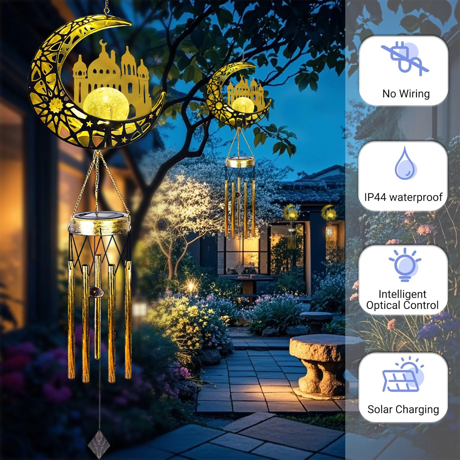 Rirool Solar Wind Chime with LED Lights - Castle Crackle Glass Outdoor Decor, Memorial Gift for Women, Garden Chimes for Patio, Mother’s Day, Birthday (Bronze) - Image 3