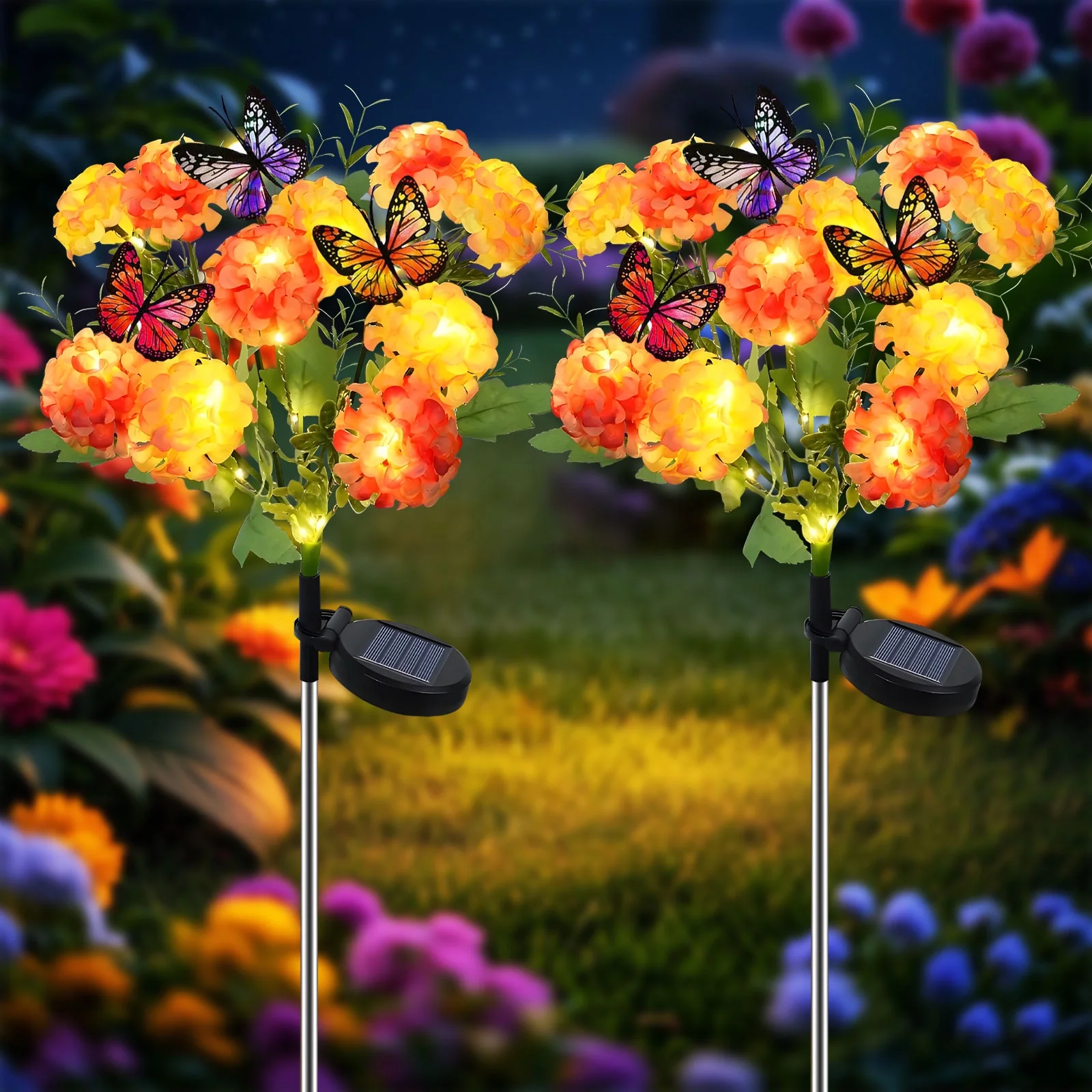 Rirool Solar Butterfly Flower Lights (2 Pack) - 13 LED Hydrangea & 3 Butterfly Design, IP65 Waterproof, 8-12H Auto On/Off, Solar Powered Outdoor Decor for Garden/Yard, Gift for Mom