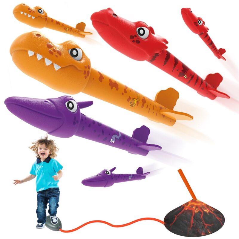 Dinosaur Rocket Launcher Toy – Stomp & Launch 6 Foam Rockets Up to 100ft, Outdoor STEM Activity for Kids Ages 3