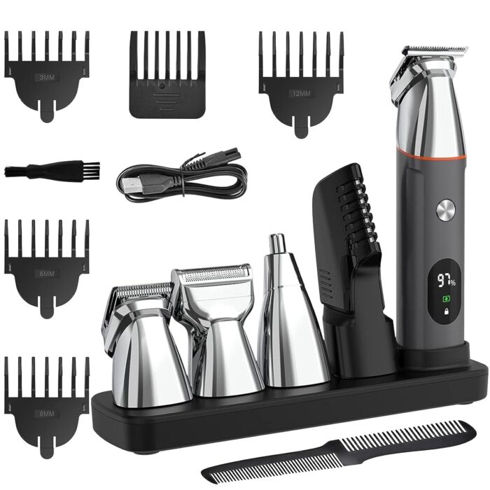 Rirool 5-in-1 Body Hair Trimmer for Men, Waterproof Electric Razor w/ LED Display, 3 Magnetic Heads, 90min Runtime, USB/Base Charging, Nose Ear Beard Groin Pubic Trimmer, Black
