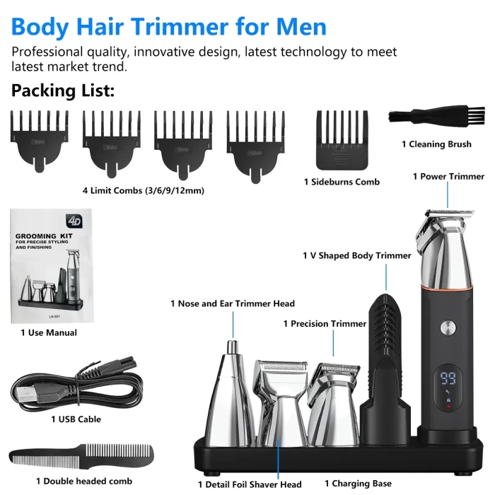 Rirool 5-in-1 Body Hair Trimmer for Men, Waterproof Electric Razor w/ LED Display, 3 Magnetic Heads, 90min Runtime, USB/Base Charging, Nose Ear Beard Groin Pubic Trimmer, Black - Image 2