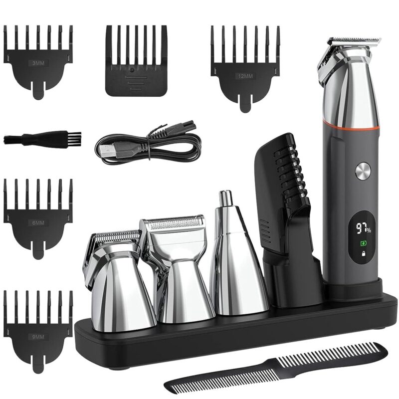 Rirool 5-in-1 Body Hair Trimmer for Men, Waterproof Electric Razor w/ LED Display, 3 Magnetic Heads, 90min Runtime, USB/Base Charging, Nose Ear Beard Groin Pubic Trimmer, Black