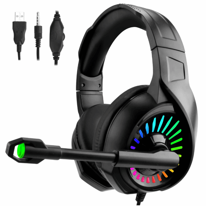Rirool Gaming Headset for PS4, Xbox One, PC, Wired Over-Ear Headphones with Noise Cancelling Mic, RGB LED Lights, 7.1 Surround Sound, 50mm Drivers
