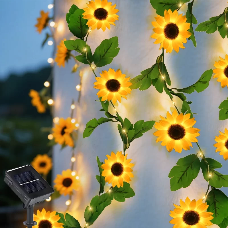 Solar Sunflower String Lights Outdoor 16FT, 50LED Waterproof Fairy Lights for Garden, Patio, Fence - Warm White Solar Powered Deco