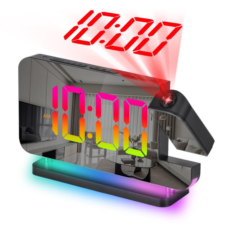 Rirool 7.4'' Digital Mirror Alarm Clock with Rotatable Projector - RGB Night Light, USB C/A Charging, Auto Dimmer, Snooze, 5-Level Volume - for Bedroom, Black