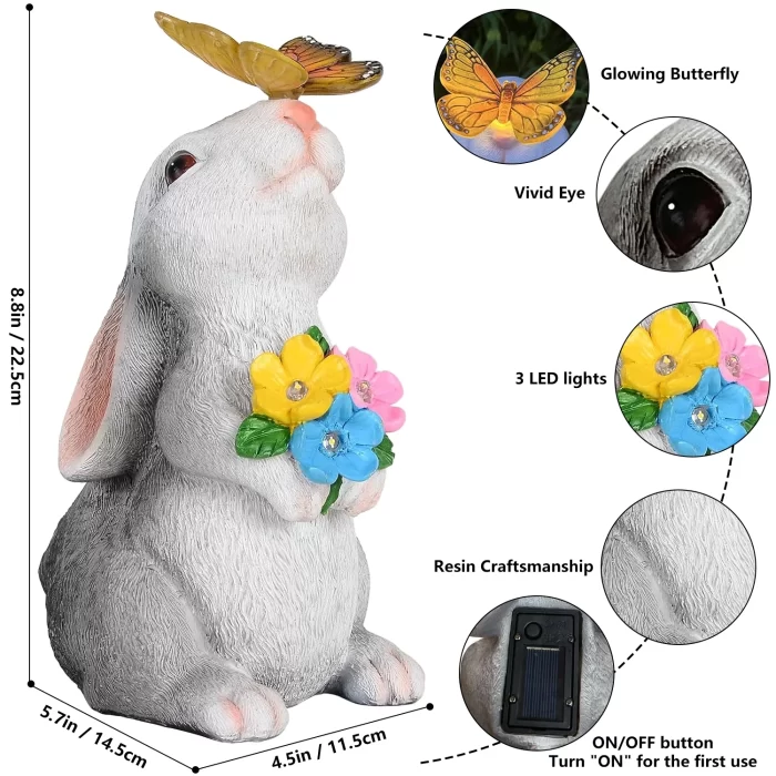 Solar Rabbit Garden Statue with LED Lights & Butterfly - Hand-Painted Outdoor Decor for Lawn, Patio - Waterproof Easter Gift for Women, Mom - Image 2