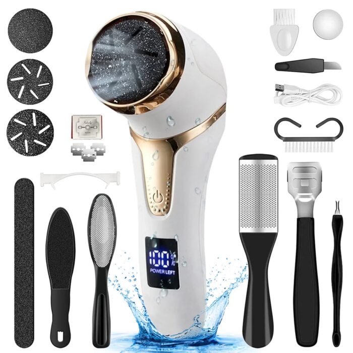 Rirool Electric Callus Remover for Feet with Vacuum - Rechargeable Foot File, 3 Heads & 2 Speeds, IPX7 Waterproof, LCD Display, Pedicure Kit for Dead Skin Removal, White