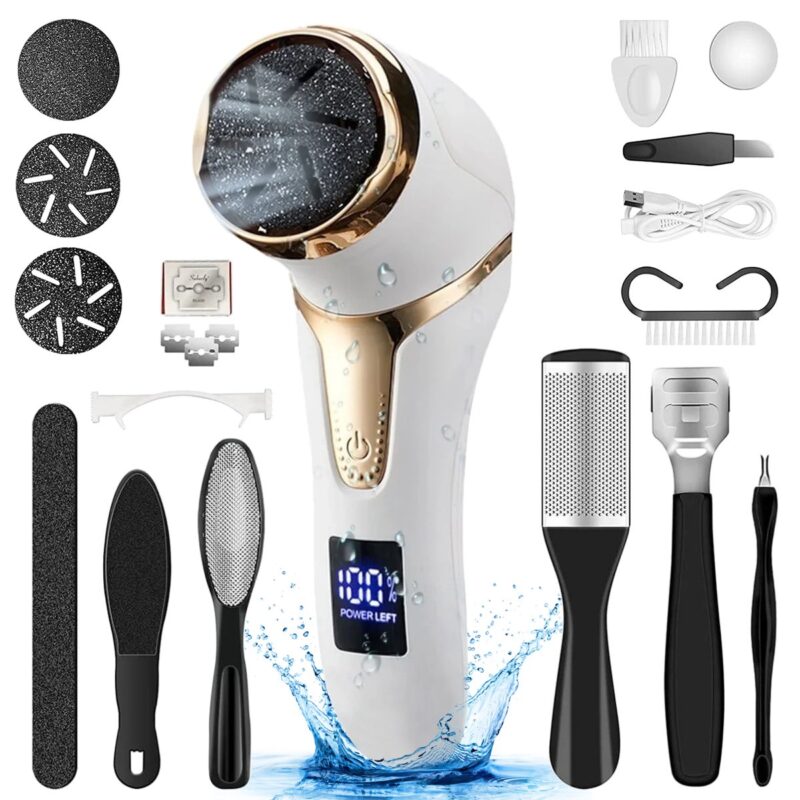 Rirool Electric Callus Remover for Feet with Vacuum - Rechargeable Foot File, 3 Heads & 2 Speeds, IPX7 Waterproof, LCD Display, Pedicure Kit for Dead Skin Removal, White
