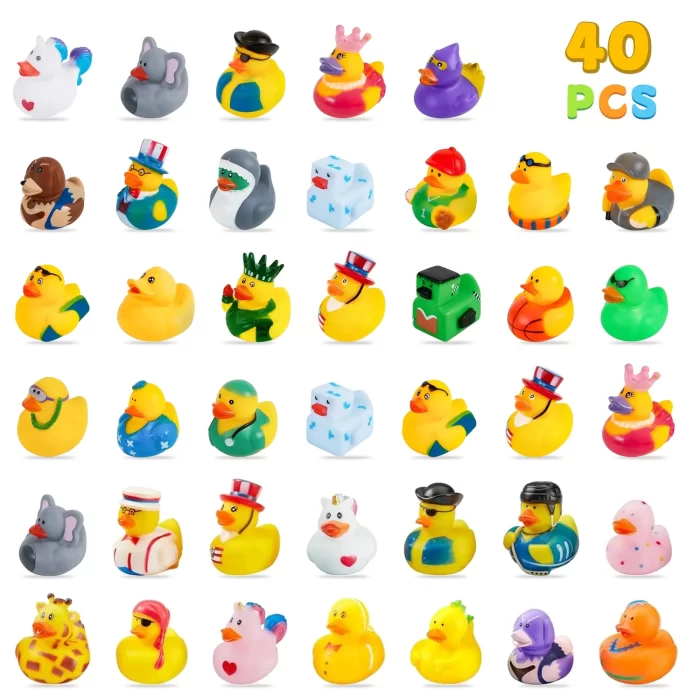 Rirool 40Pcs Assorted Rubber Ducks for Kids, Mini Bath & Pool Toys, Random Party Favors for Baby Showers, Halloween, Easter Gifts, Non-Toxic Floating Duck