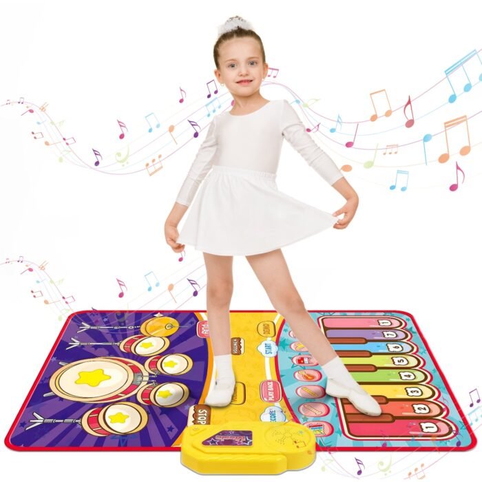 2-in-1 Electronic Dance Mat for Kids, Piano & Drum Play Mat with 2 Sticks, Non-Slip Musical Toy for Toddlers, Foldable Learning Pad - Birthday/Christmas Gift