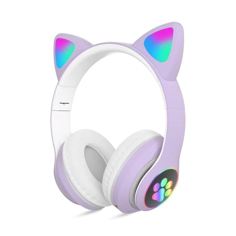 Rirool Cat Ear Bluetooth Headphones for Kids - Wireless Headset w/Mic, 94dB Volume Limit, LED Lights, Foldable, for School/Travel Purple