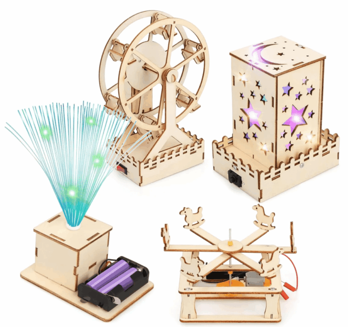 Rirool 4-in-1 STEM Building Kit for Kids Ages 8-12 - Ferris Wheel, Carousel, Fiber Optic Lamp & Star Light, 3D Wooden Puzzles, Science Toys Gift for Boys Girls 6-13 Year Old