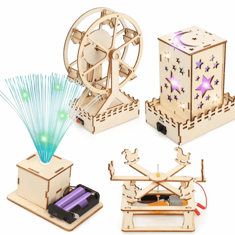 Rirool 4-in-1 STEM Building Kit for Kids Ages 8-12 - Ferris Wheel, Carousel, Fiber Optic Lamp & Star Light, 3D Wooden Puzzles, Science Toys Gift for Boys Girls 6-13 Year Old