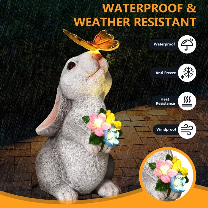 Solar Rabbit Garden Statue with LED Lights & Butterfly - Hand-Painted Outdoor Decor for Lawn, Patio - Waterproof Easter Gift for Women, Mom - Image 3