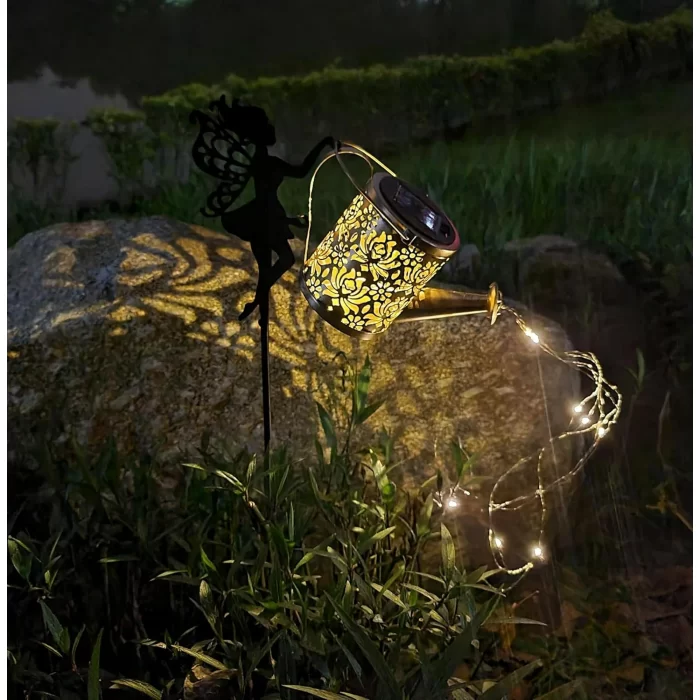 Solar Lights Garden Decorative, Solar Watering Can with Cascading Lights, Waterproof Metal Lantern with Fairy Shepherd Hook, Outdoor Décor
