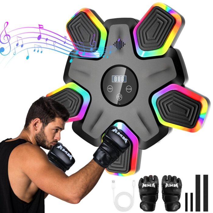 Rirool 2025 Music Boxing Machine with Bluetooth, 7 LED Colors, 9 Training Modes, Wall-Mounted Punching Bag, Includes Boxing Gloves, Smart Digital Display, Home Gym Fitness Equipment