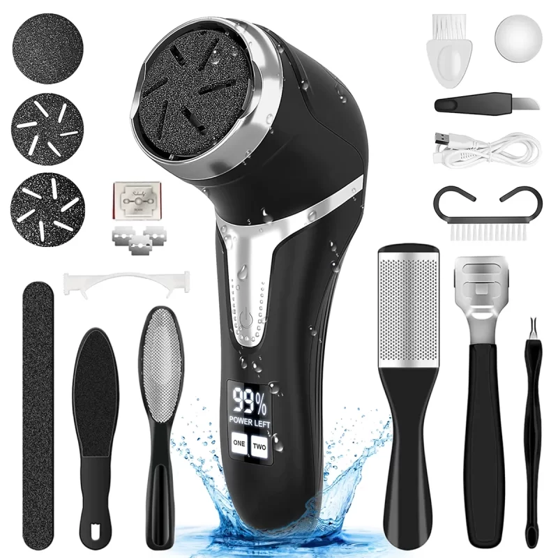Rirool Electric Callus Remover for Feet with Vacuum - Rechargeable Foot File, 3 Heads & 2 Speeds, IPX7 Waterproof, LCD Display, Pedicure Kit for Dead Skin Removal, Black