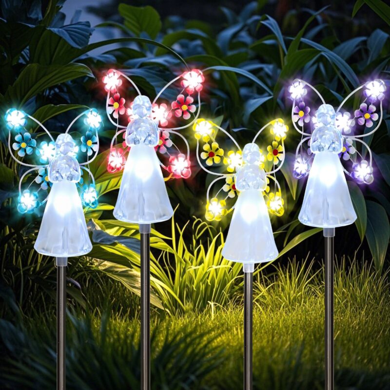 Solar Angel Stake Lights - 4 Pack Multicolor LED Garden Decor, Cemetery Memorial Lights for Graves - Waterproof Outdoor Solar Lights for Yard, Pathway