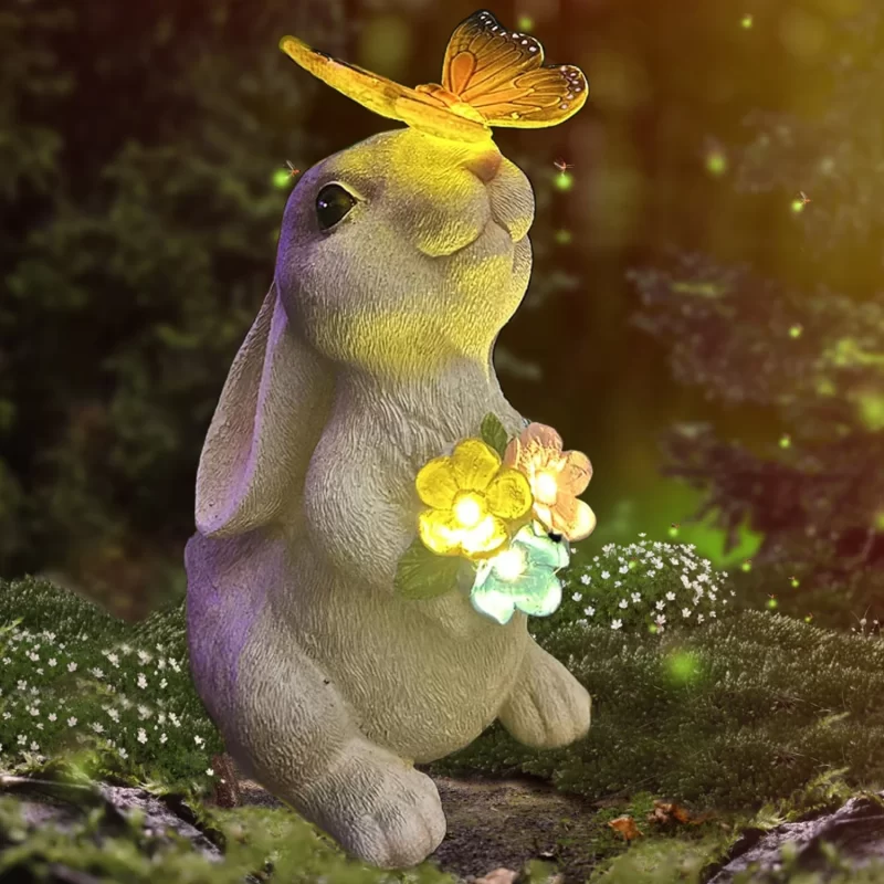 Solar Rabbit Garden Statue with LED Lights & Butterfly - Hand-Painted Outdoor Decor for Lawn, Patio - Waterproof Easter Gift for Women, Mom