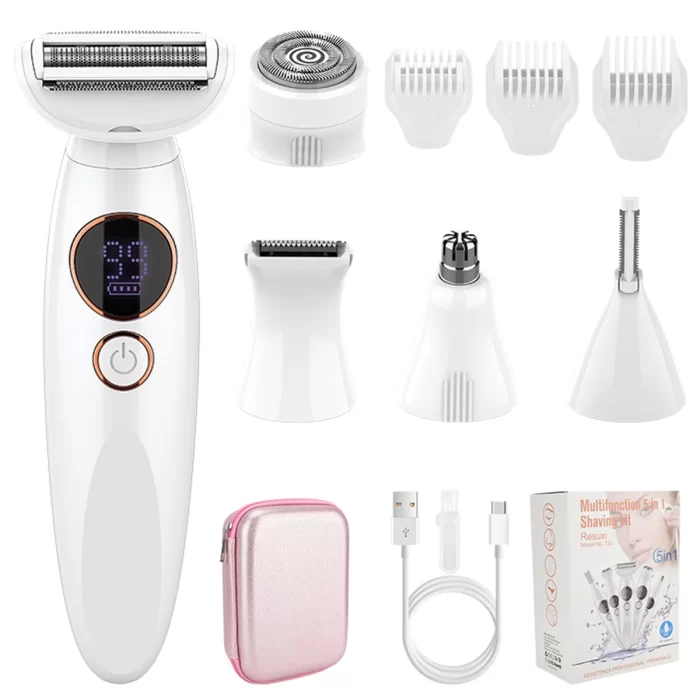 5-in-1 Electric Razor for Women - Rechargeable Painless Hair Remover for Face/Body/Bikini/Nose/Eyebrows, Wet&Dry USB Shaver with LED Display, Portable Trimmer Set