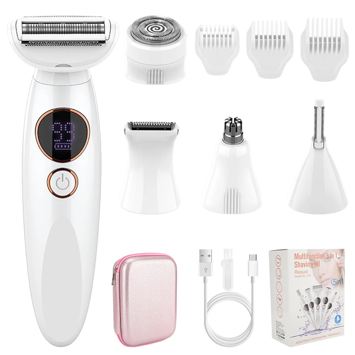5-in-1 Electric Razor for Women - Rechargeable Painless Hair Remover for Face/Body/Bikini/Nose/Eyebrows, Wet&Dry USB Shaver with LED Display, Portable Trimmer Set