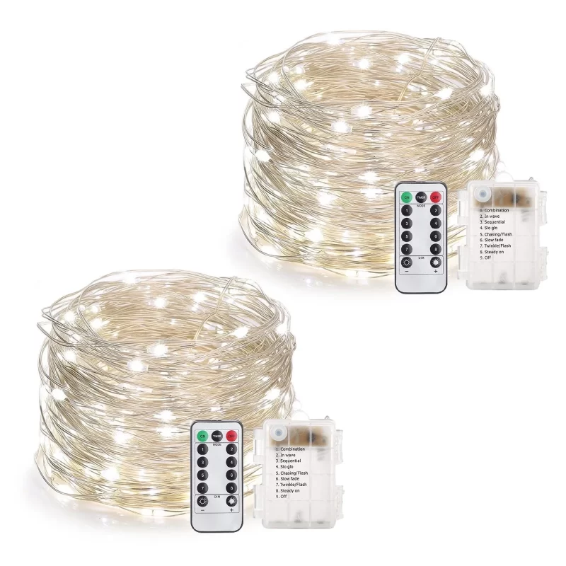 Rirool 2-Pack 33ft Cool White LED Fairy Lights - Battery Operated Waterproof String Lights with Remote, 8 Modes - for Garden, Wedding, Bedroom, Party Decor