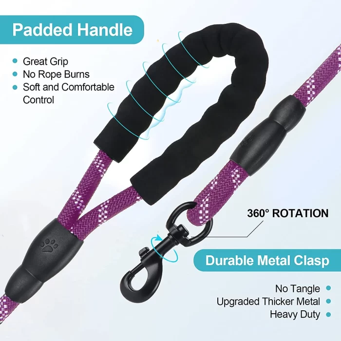Rirool 5ft Nylon Rope Dog Leash for Large & Medium Dogs 18-120 lbs, Highly Reflective,Anti-Slip Grip, Purple - Image 2