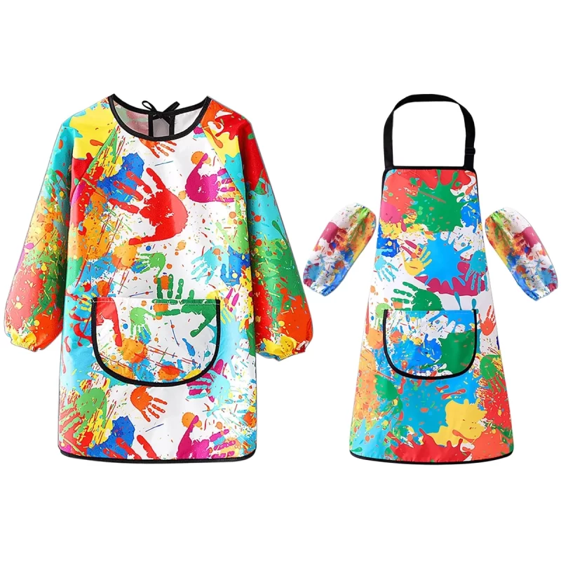 Kids Waterproof Art Smock & Apron Set - Long Sleeve Painting Smock with Adjustable Straps & Pocket for Ages 5-8, Toddler Artist Apron for Painting, Cooking, Crafts