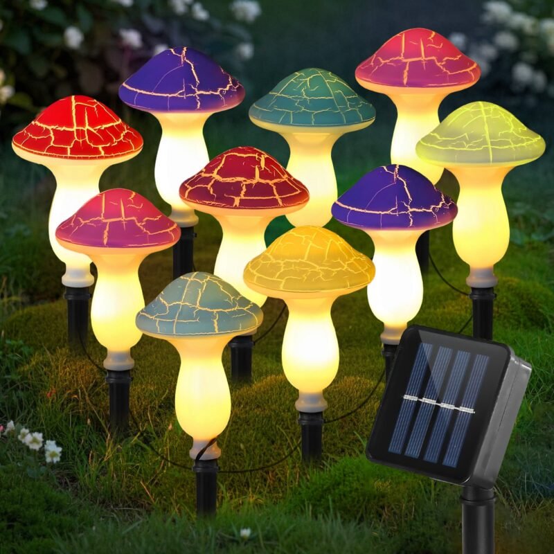 Solar Mushroom Lights (10 Pack) - Cracked Design LED Garden Lights, 8 Color Modes, IP65 Waterproof, Solar Pathway Decor for Yard, Flowerbed