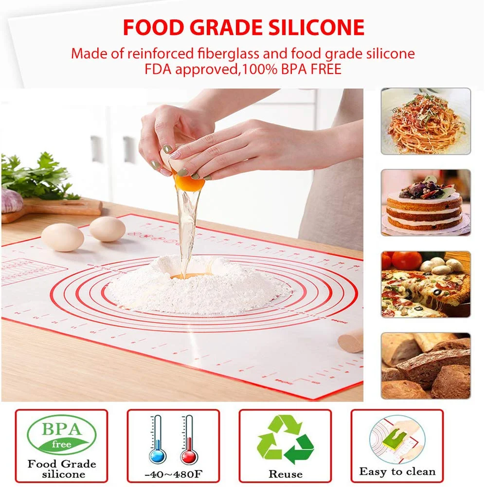 Large Silicone Pastry Mat 100% Non-Slip with Measurement Counter Mat, Dough Rolling Mat, Pie Crust Mat -Red/White 16 x 24 Inches