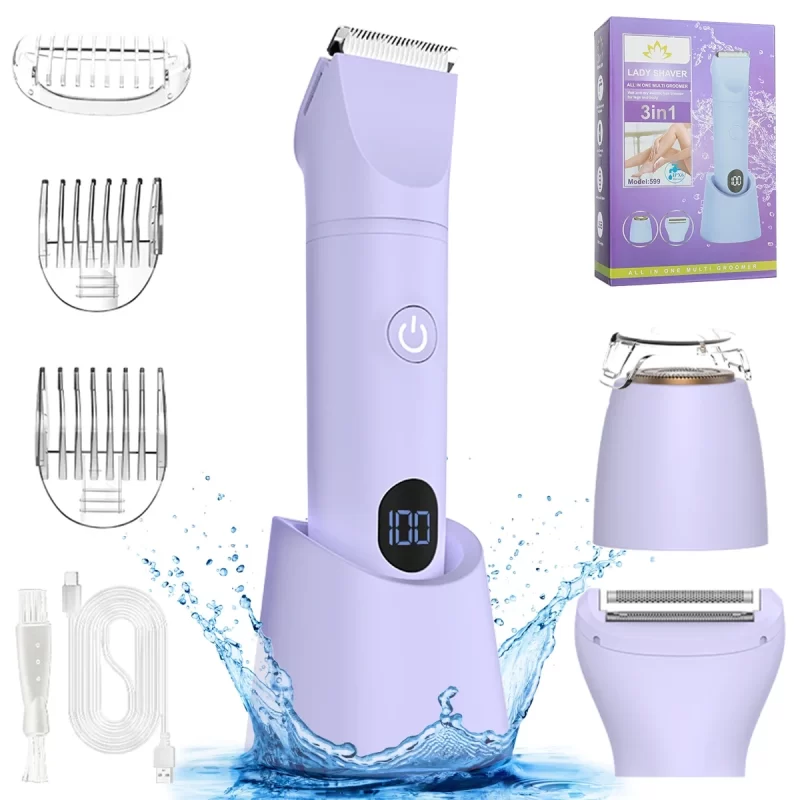 TiokMc 3-in-1 Bikini Trimmer for Women, Waterproof Electric Razor Kit, Facial Hair Remover, Body Shaver with LCD Display, USB Rechargeable, Travel-Friendly, Purple
