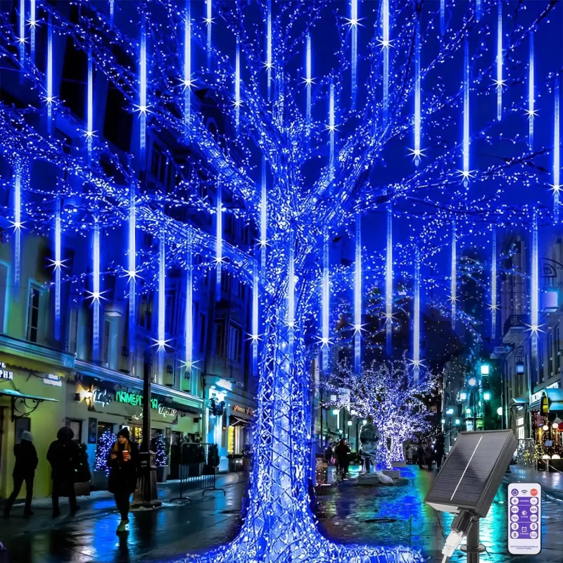 Solar Meteor Shower Icicle Lights - 8 Tubes 192 LED 11.8-inch Raindrop Lights with Remote Control Timer Function for Holiday Party Christmas Decorations (Blue)