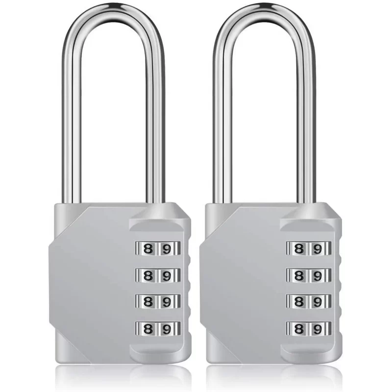Rirool Pack of 2 Long Shackle Padlocks - Weatherproof Resettable 4-Digit Combination Locks for School, Gym, Employee Locker, Outdoor Fence - Silve