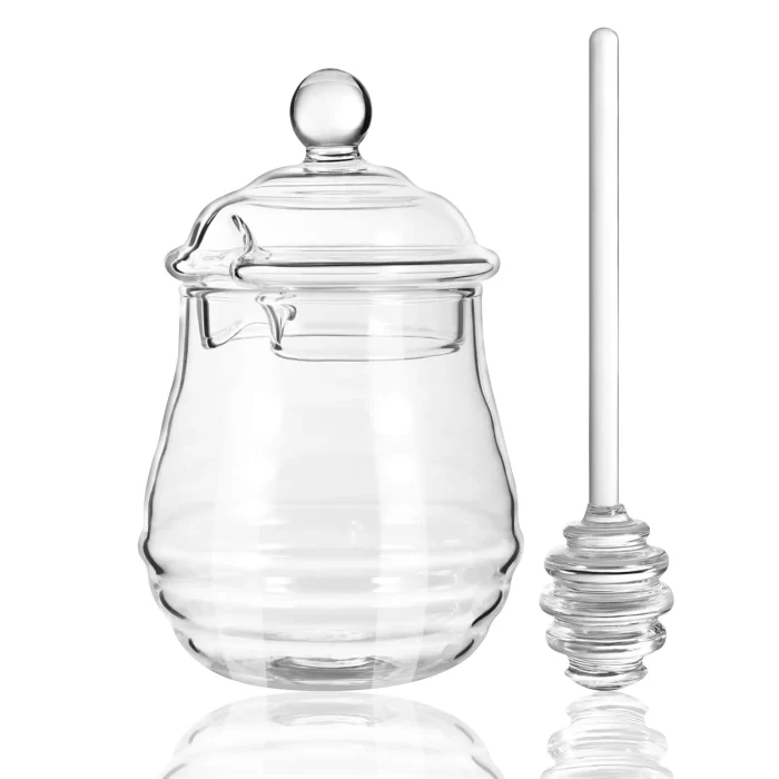 Rirool Clear Honey Jar with Dipper and Lid Borosilicate Glass Beehive, 8.4 Ounce Honey Pot Container Dispenser for Home Kitchen Store Honey and Syrup