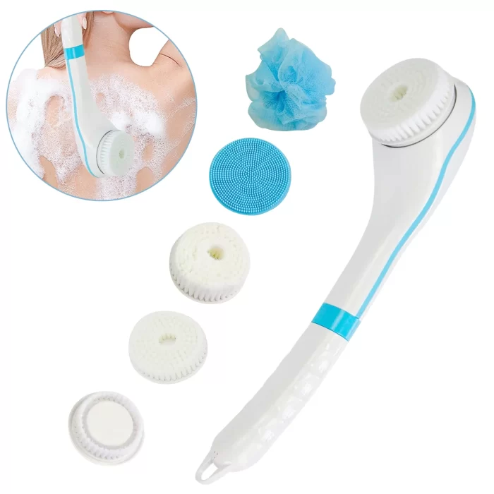 Rechargeable Body Back Brush, Body Bath Scrubber, Scrub Washer for Shower, Electric Spin Scrubber Brush Spa Exfoliating Kit with Long Handle for Women Men with 5 Attachment (Blue)